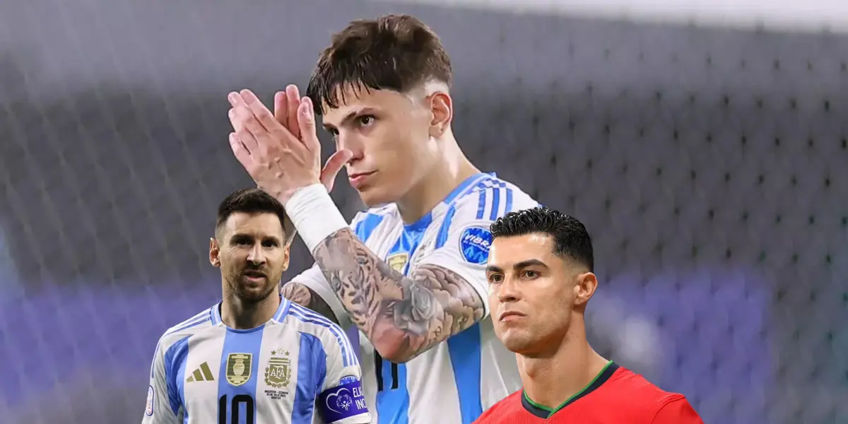 Alejandro Garnacho claps with the Argentina jersey while Lionel Messi looks confused and Cristiano Ronaldo looks disappointed. (Source: Getty Images)