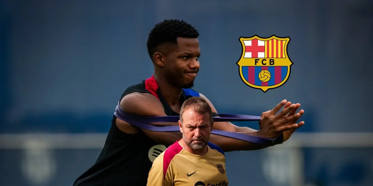 Ansu Fati stretches in training while Hansi Flick looks serious and the FC Barcelona badge is near them. (Source: FC Barcelona X)