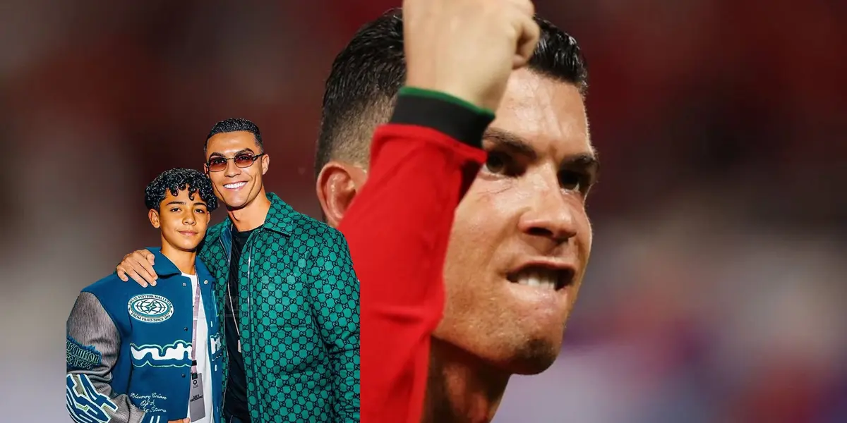 Cristiano Ronaldo and his son pose for a picture while the background shows CR7 putting his fist in the air with Portugal. (Source: GOATTWORLD X)