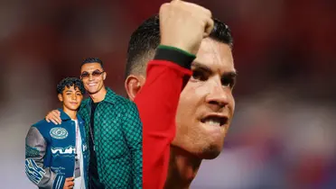Cristiano Ronaldo and his son pose for a picture while the background shows CR7 putting his fist in the air with Portugal. (Source: GOATTWORLD X)