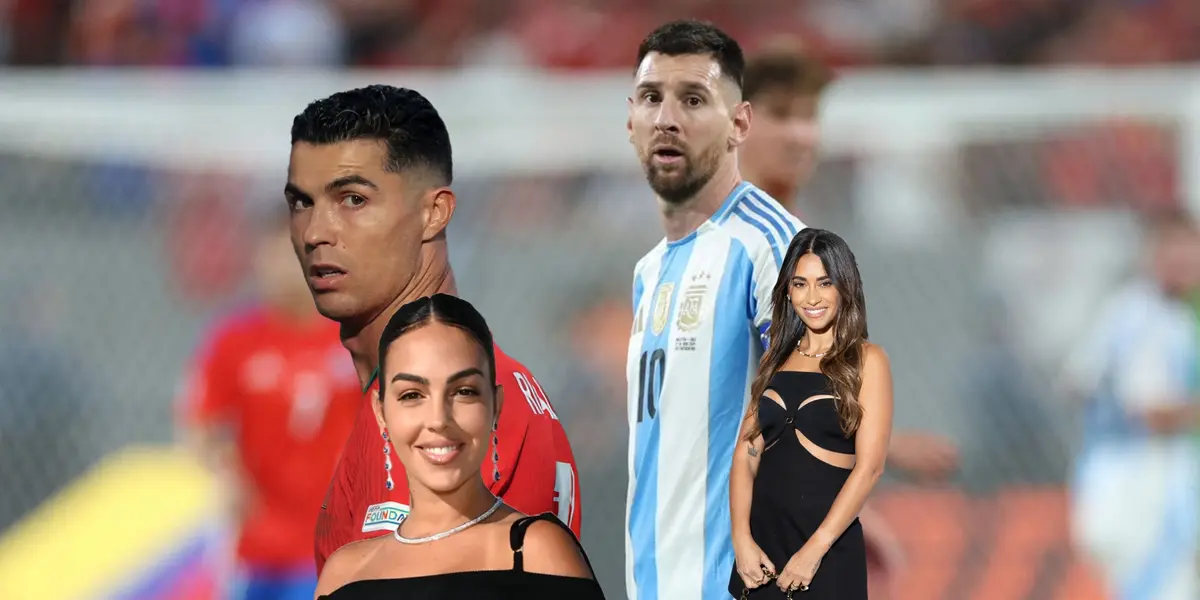 Cristiano Ronaldo and Lionel Messi look to their side while Georgina Rodriguez and Antonela Roccuzzo smile. (Source: Getty Images)