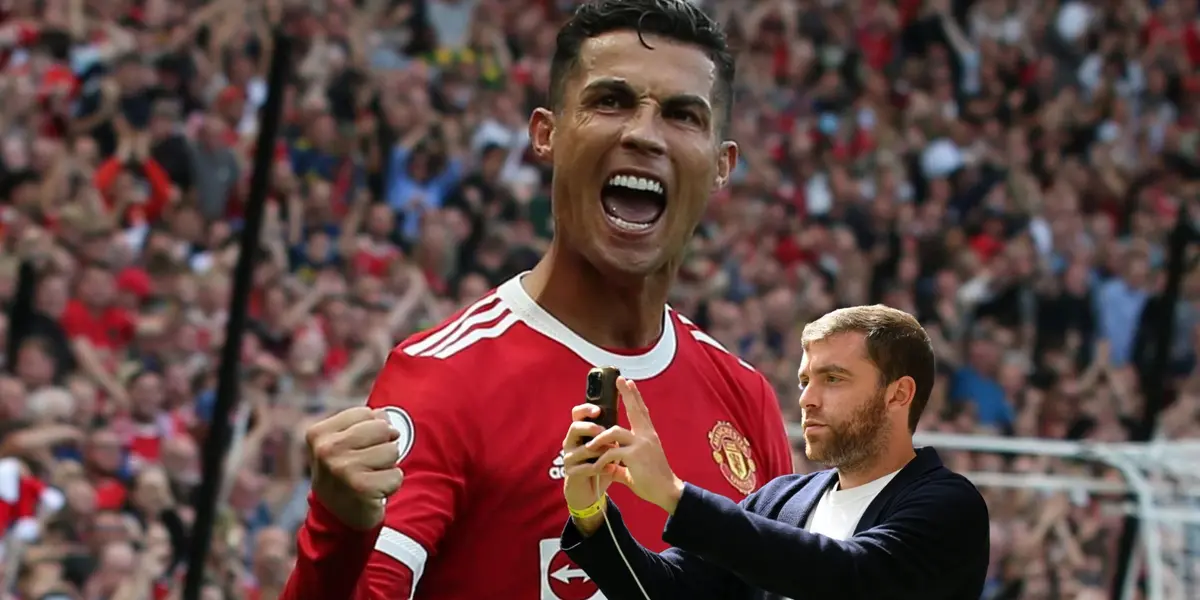 Cristiano Ronaldo celebrates a goal with Manchester United while Fabrizio Romano talks a picture with his phone. (Source: Getty Images)