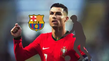 Cristiano Ronaldo celebrates his goal with a Portugal jersey on while a mystery player has the ball and the FC Barcelona badge is next to him. (Source: GOATTWORLD X)