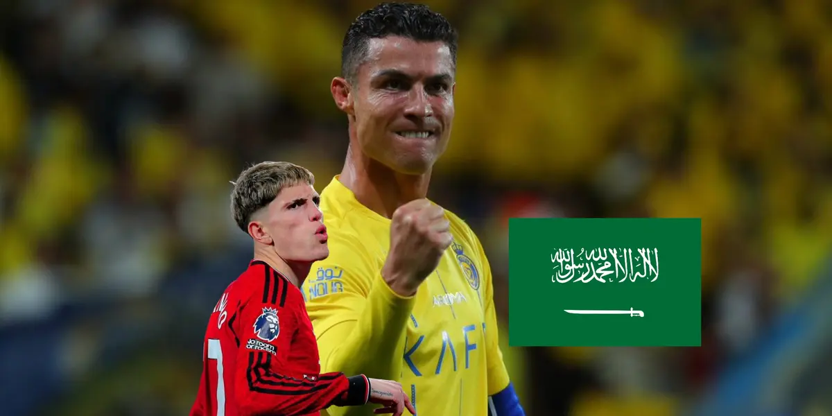 Cristiano Ronaldo celebrates his goal with an Al Nassr jersey while Alejandro Garnacho celebrates his goal with the Man United jersey and the Saudi Arabian flag is next to him. (Source: GOATTWORLD X, CentreGoals X)