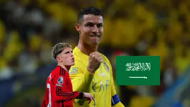 Cristiano Ronaldo celebrates his goal with an Al Nassr jersey while Alejandro Garnacho celebrates his goal with the Man United jersey and the Saudi Arabian flag is next to him. (Source: GOATTWORLD X, CentreGoals X)