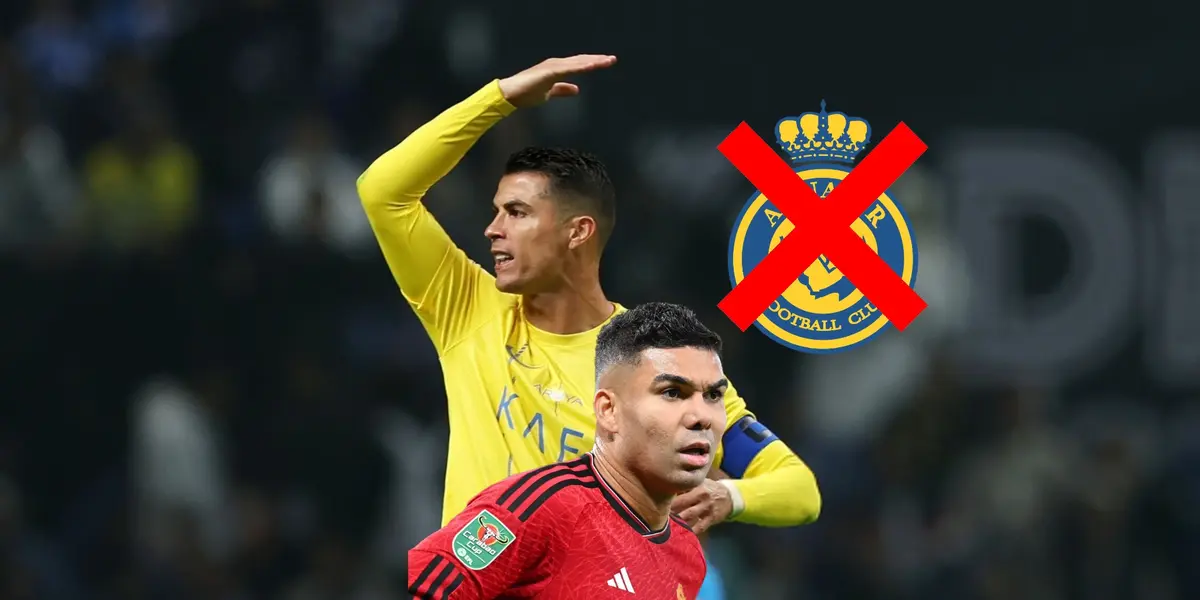 Cristiano Ronaldo looks angry while Casemiro looks concerned with a Manchester United jersey and the Al Nassr badge is crossed out. (Source: GOATTWORLD X)