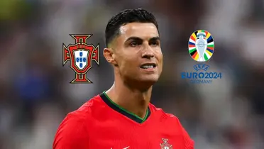 Cristiano Ronaldo looks annoyed as he wears the Portugal jersey; the Portugal national team badge and the EURO 2024 logo is next to him. (Source: UEFA, Al Nassr Zone X)