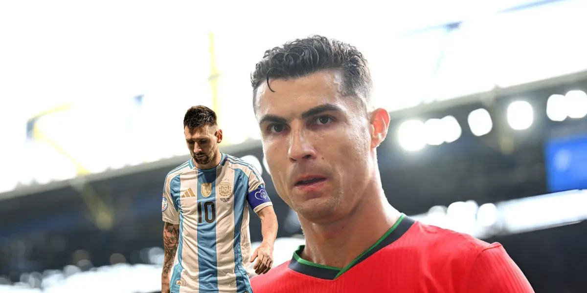 Cristiano Ronaldo looks at the camera with a Portugal jersey on and Lionel Messi looks at the ground with an Argentina jersey. (Source: Messi Xtra X, GOATTWORLD X)