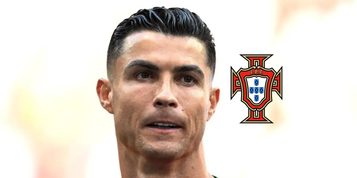 Cristiano Ronaldo looks at the fans while the Portuguese national team badge is next to him. (Source: GOATTWORLD X)