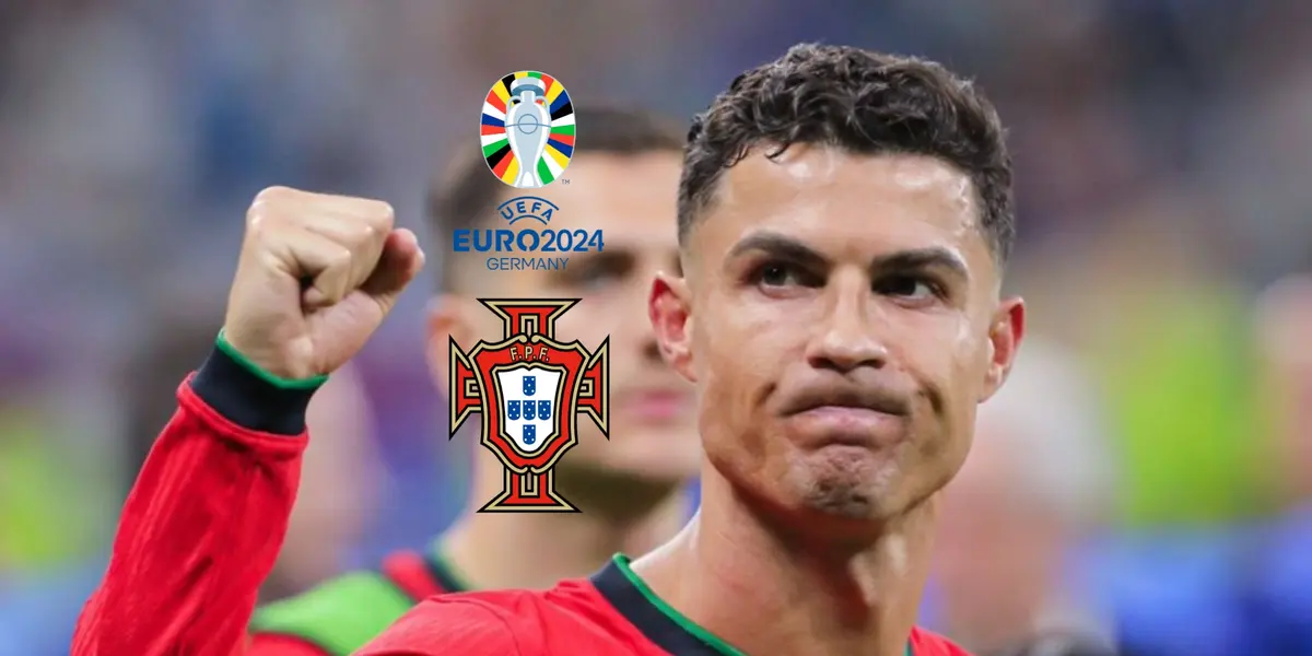 Cristiano Ronaldo looks relieved with a Portugal jersey while the Portugal national team badge and the EUROS logo is next to him. (Source: Al Nassr Zone X)