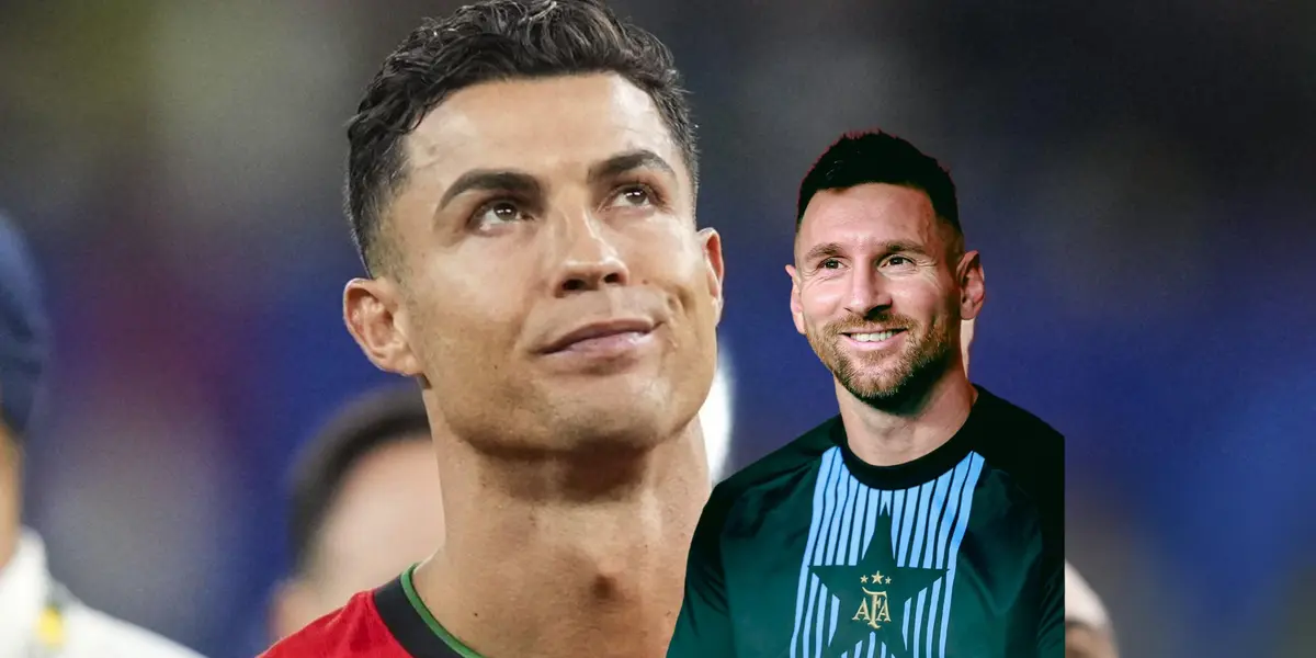 Cristiano Ronaldo looks up with a Portugal jersey on while Lionel Messi smiles with an alternative Argentina shirt. (Source: GOATTWORLD X, Messi Xtra X)
