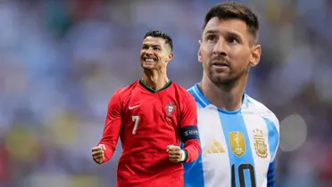 Cristiano Ronaldo smiles as he celebrates a goal while Lionel Messi looks worried and is looking up. (Source: Messi Xtra X, GOATTWORLD X)