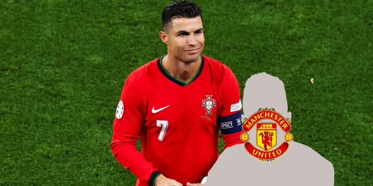 Cristiano Ronaldo smiles while he looks at the fan with a Portugal jersey on and a mystery person has the Manchester United badge. (Source: GOATTWORLD X)