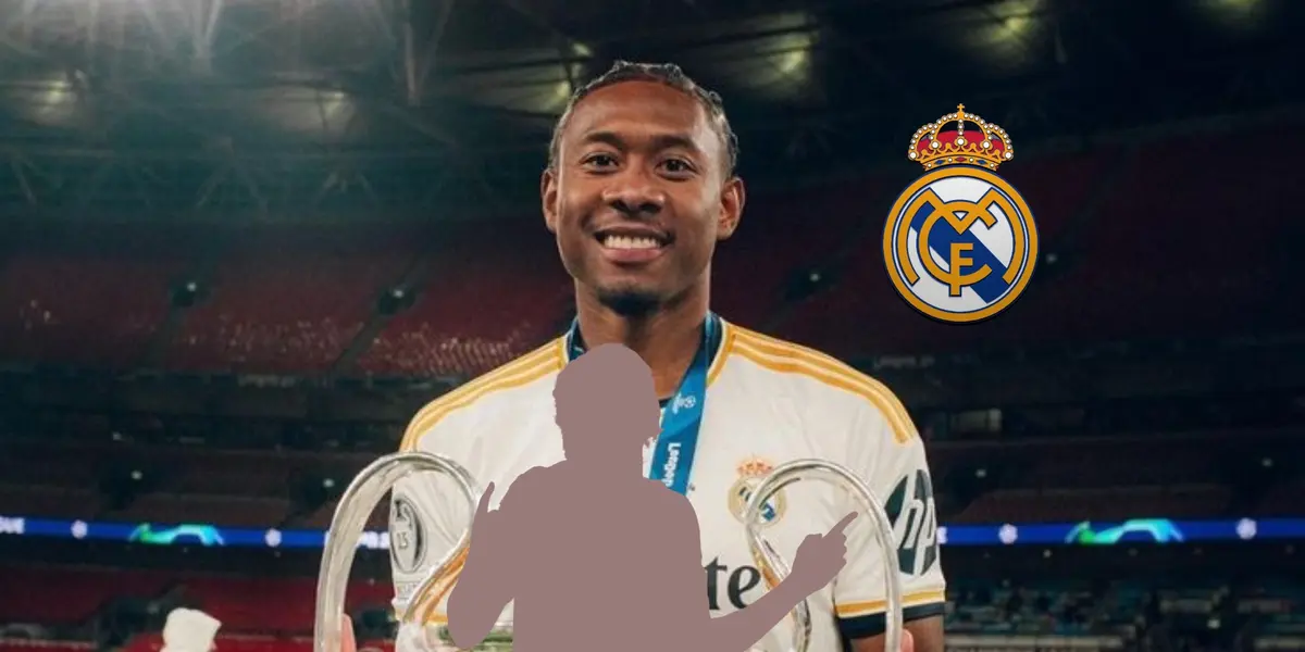 David Alaba smiles and hold the Champions League trophy while the Real Madrid badge is next to him and a mystery player is below him. (Source: David Alaba X)