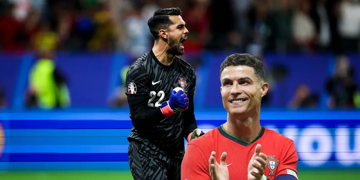 Diogo Costa celebrates his penalty save with Portugal while Cristiano Ronaldo smiles and claps as he wears the Portugal jersey. (Source: Diogo Costa X, GOATTWORLD X)