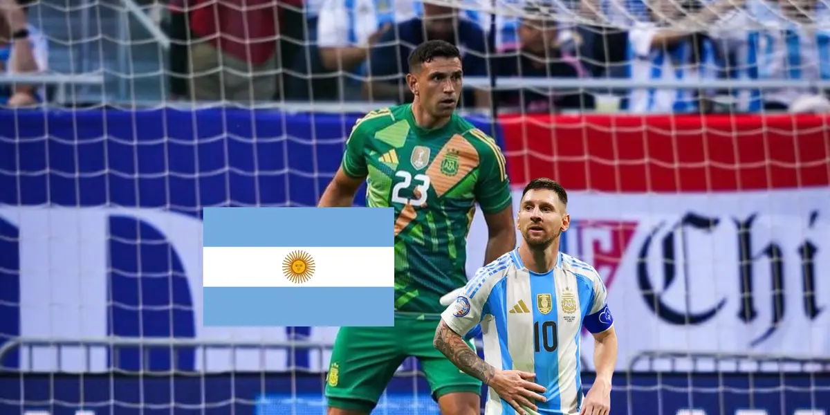 Emiliano Martinez wears the goalkeeper kit while Lionel Messi looks on and the Argentina flag is next to him. (Source: Messi Xtra X)