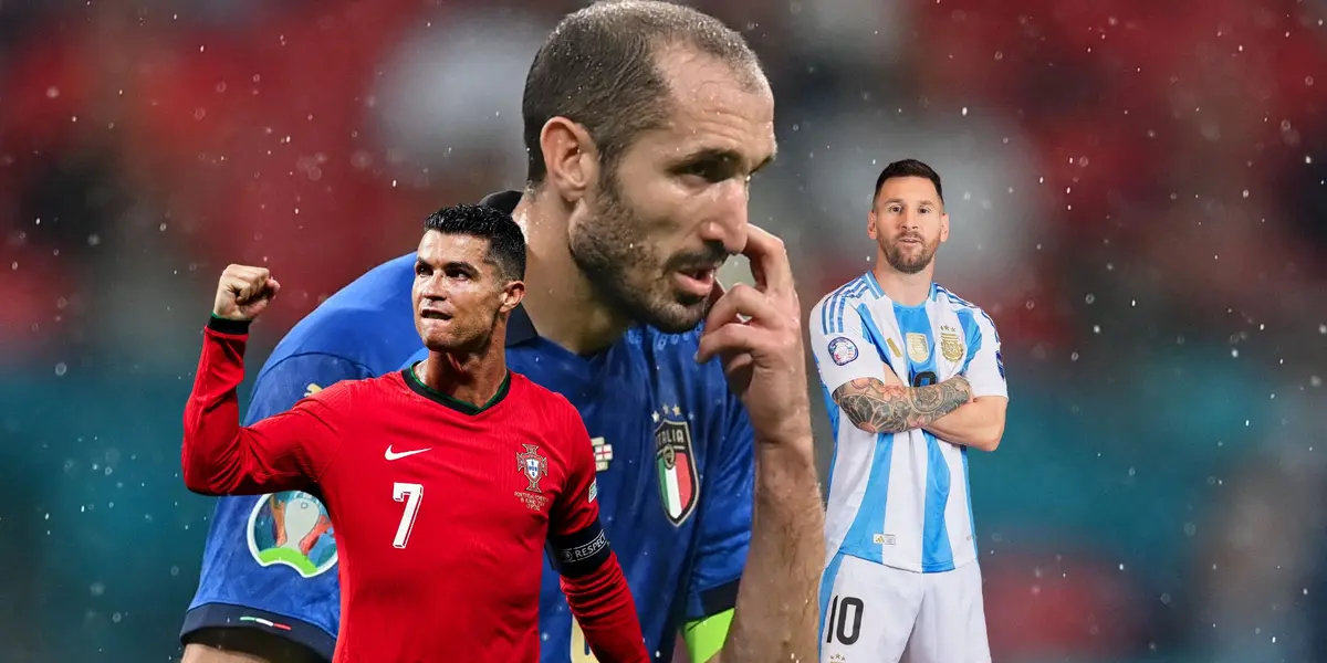 Giorgio Chiellini touches his nose while Cristiano Ronaldo and Lionel Messi wear their national team jerseys. (Source: AFP, Cristiano Ronaldo X, Messi Xtra)