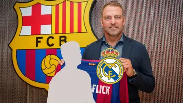 Hansi Flick holds the FC Barcelona jersey while a mystery player is next to the Real Madrid badge. (Source: Barca Universal X)
