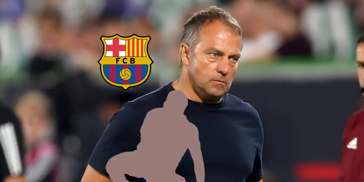 Hansi Flick looks annoyed while the FC Barcelona badge is next to him and the mystery injured player is below him.