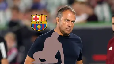 Hansi Flick looks annoyed while the FC Barcelona badge is next to him and the mystery injured player is below him.