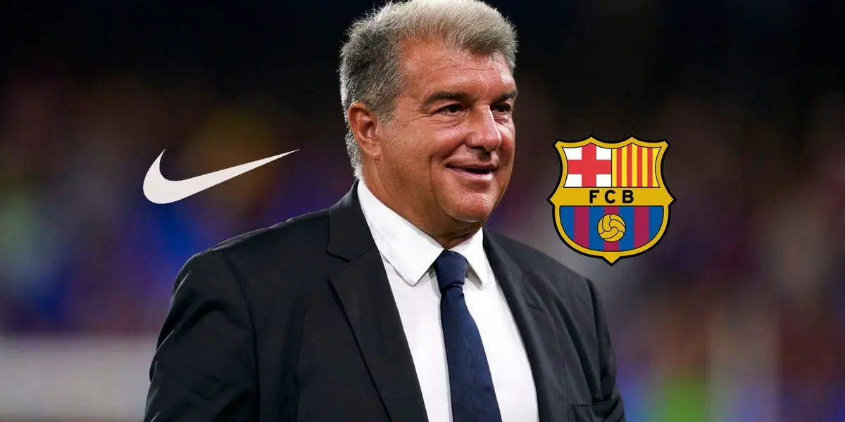 Joan Laporta smiles as the Nike logo and the FC Barcelona badge is next to him. (Source: FC Barcelona X)