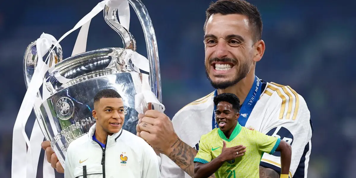 Joselu holds the Champions League trophy while Kylian Mbappé and Endrick are below him. (Source: Fabrizio Romano X)
