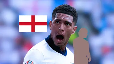 Jude Bellingham screams with joy as he played for the England national team; the England flag and a mystery person is next to him.(Source: TheMar4k X)