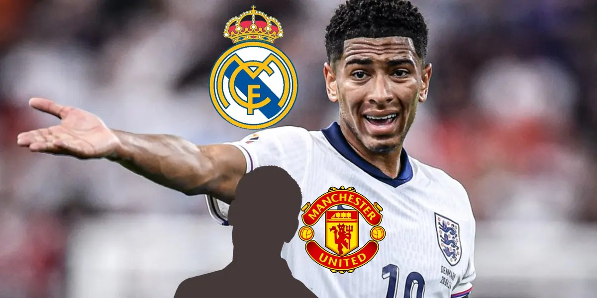 Jude Bellingham sticks his hand out while wearing the England jersey as the Real Madrid is next to him; a mystery player is next to Man United logo. (Source: TNT Sports X)