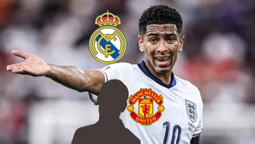 Jude Bellingham sticks his hand out while wearing the England jersey as the Real Madrid is next to him; a mystery player is next to Man United logo. (Source: TNT Sports X)