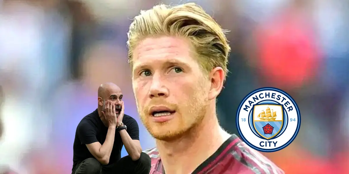 Kevin De Bruyne looks up with a Belgium jersey on while Pep Guardiola is upset and the Manchester CIty badge is next to him. (Source: BBC, Rudy Galetti X)