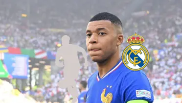 Kylian Mbappé licks his lips as he wears the France jersey and a mystery player is next to the Real Madrid badge. (Source: Madrid Xtra X)