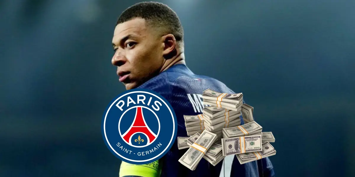 Kylian Mbappé looks back while he wears the PSG jersey; the PSG badge and money is below him. (Source: KM10 Zone X)