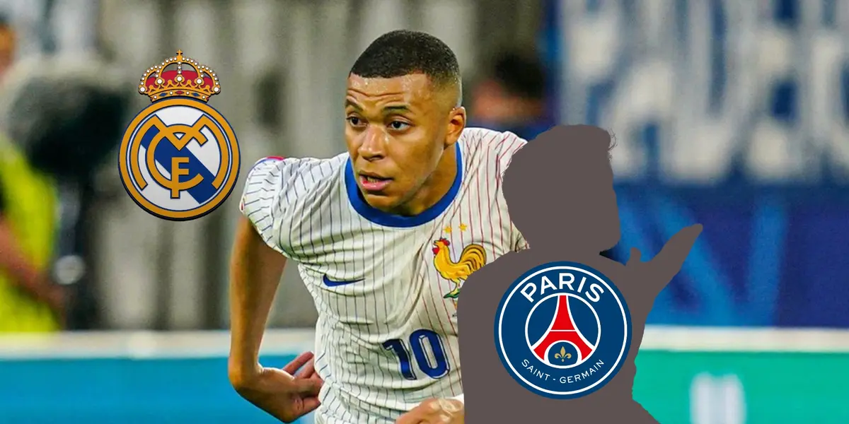 Kylian Mbappé runs while wearing the white France jersey and the Real Madrid badge is next to him; a mystery player has the PSG badge. (Source: Real Madrid X)
