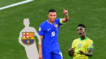 Kylian Mbappé smiles and points up with a France jersey on while Vinicius Jr. celebrates his goal with the Brazil jersey on; a mystery player has the FC Barcelona badge on him. (Source: X, BR Football X)