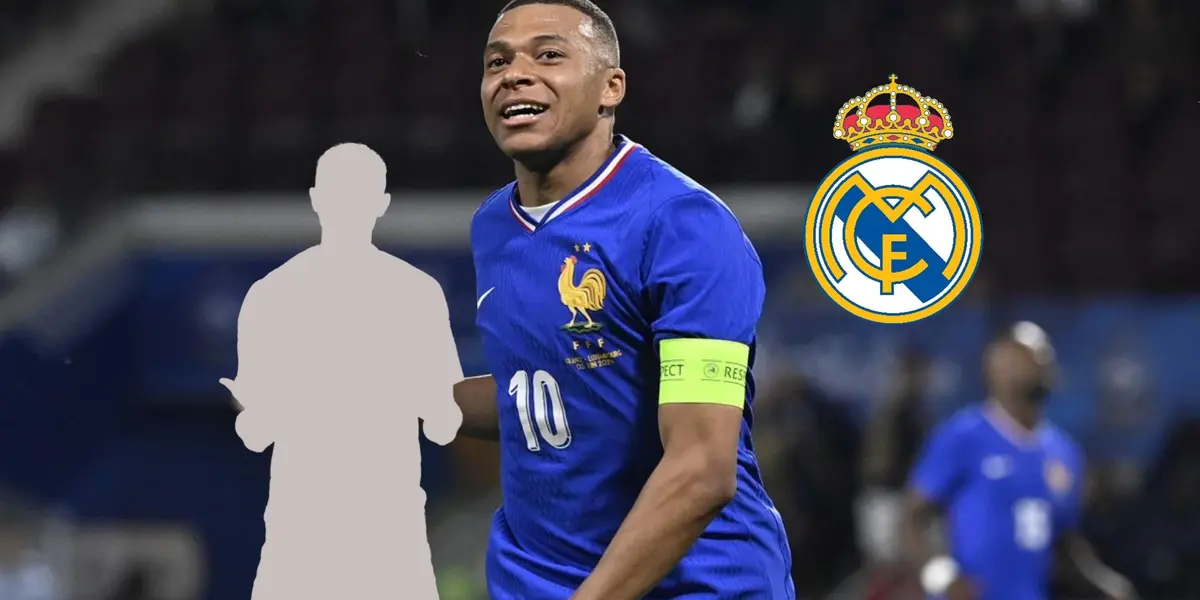 Kylian Mbappé smiles while wearing the France jersey and the Real Madrid badge is next to him. (Source: Madrid Xtra X)