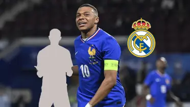 Kylian Mbappé smiles while wearing the France jersey and the Real Madrid badge is next to him. (Source: Madrid Xtra X)
