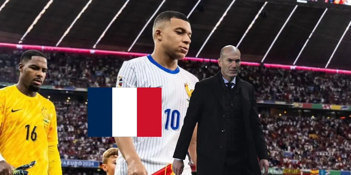 Kylian Mbappé walks on the pitch with the white France jersey while the French flag is next to Zinedine Zidane. (Source: KM 10 Zone X)