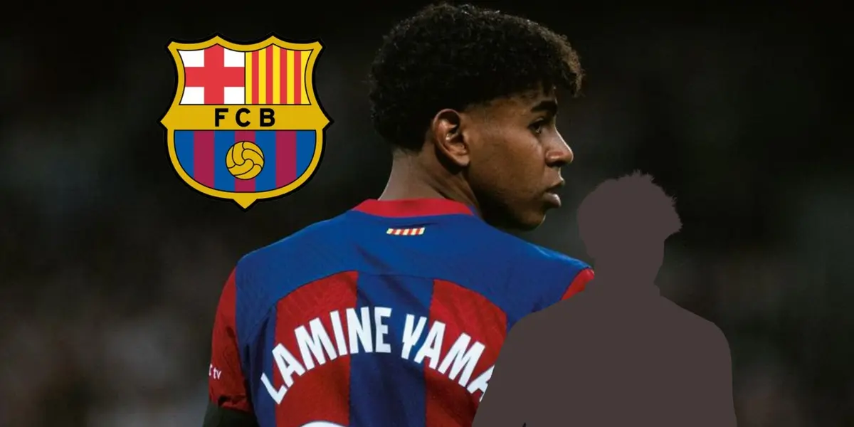 Lamine Yamal looks back as he wears the FC Barcelona jersey and the FC Barcelona badge is next to him; the mystery player is below him. (Source: Managing Barca)