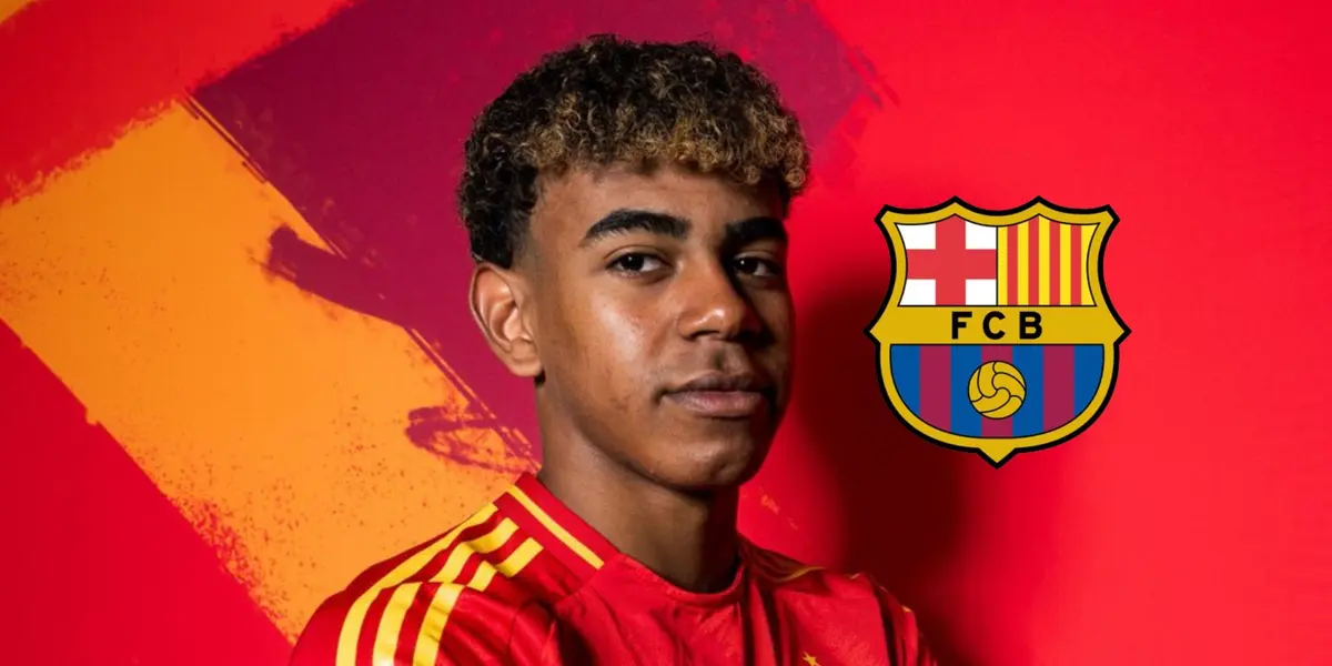 Lamine Yamal poses for a picture while wearing the Spain jersey and the FC Barcelona badge is next to him. (Source: Barca Universal X)