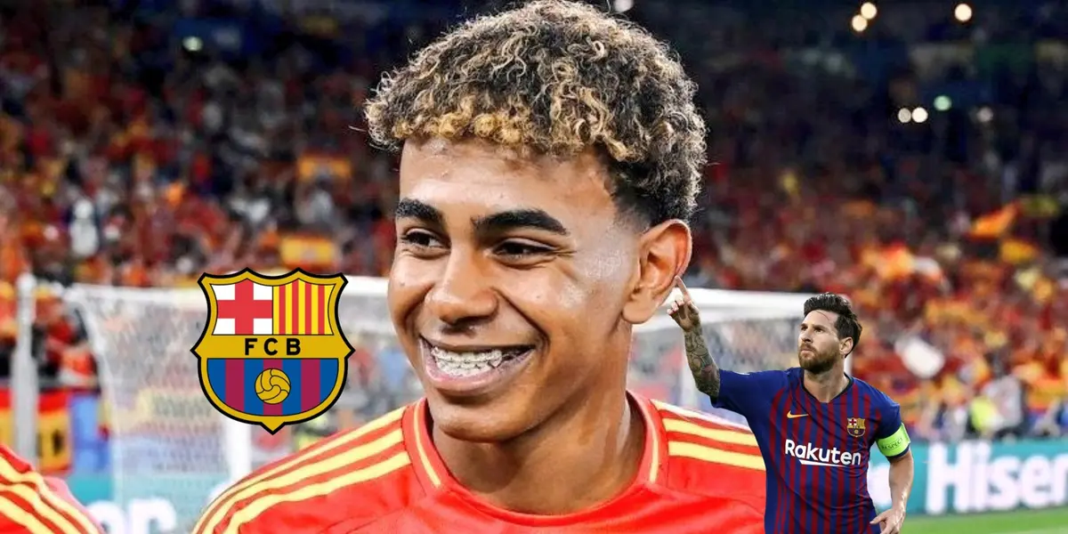 Lamine Yamal smiles with the Spain jersey as Lionel Messi celebrates a goal for FC Barcelona and the badge of Barcelona is next to him. (Source: UEFA EURO 2024, Messi Xtra X)