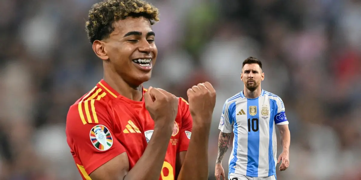 Lamine Yamal smiles with the Spain jersey on at the EUROS while Lionel Messi walks serious with the Argentina jersey on. (Source: UEFA EURO 2024, Messi Xtra X)