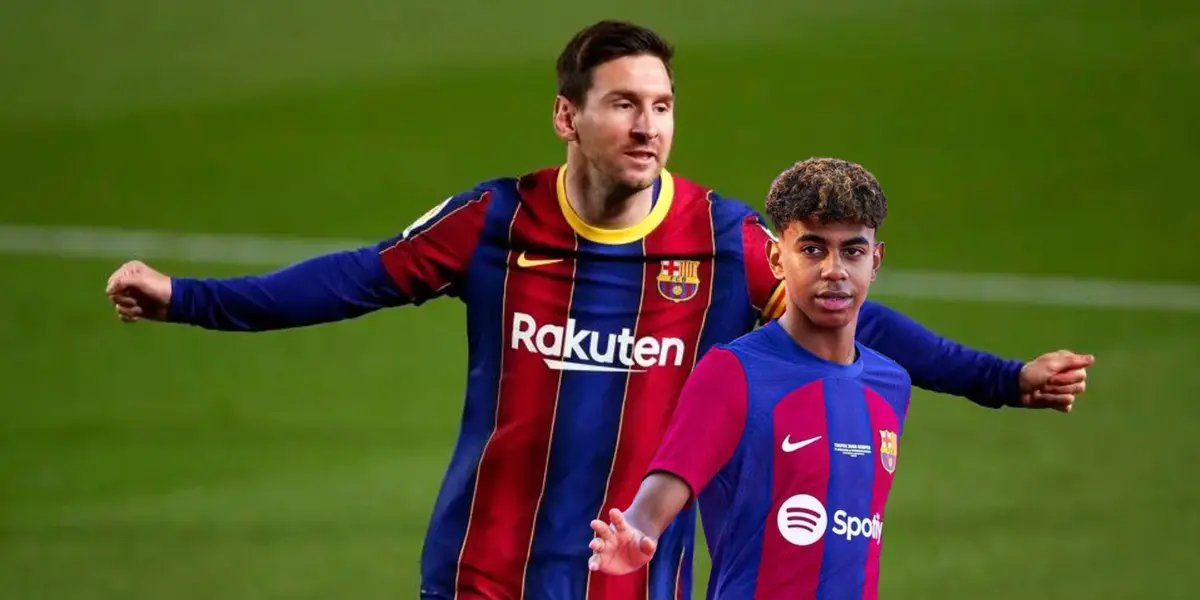 Lionel Messi celebrates with the FC Barcelona jersey on and Lamine Yamal wears the Barca jersey too. (Source: Forbes)