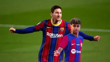 Lionel Messi celebrates with the FC Barcelona jersey on and Lamine Yamal wears the Barca jersey too. (Source: Forbes)