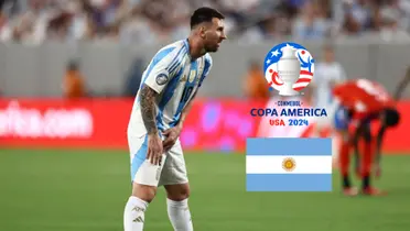 Lionel Messi holds his thigh in pain while the Copa America logo and the Argentina flag is next to him. (Source: CONMEBOL, Messi Xtra X)