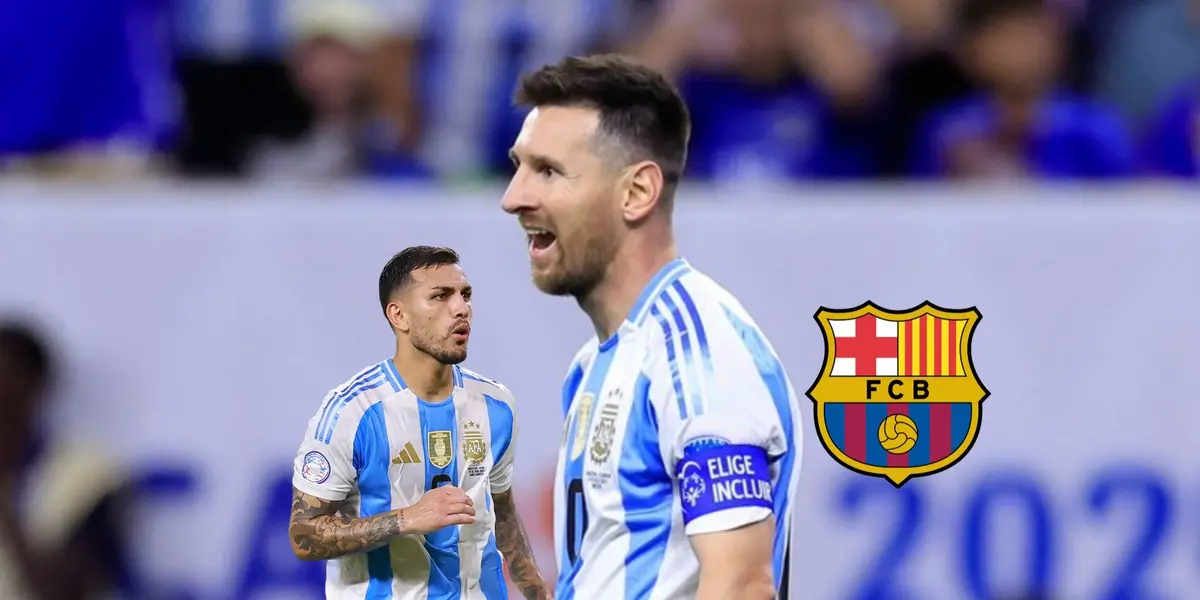 Lionel Messi is happy while he wears the Argentina jersey and Leandro Paredes looks concentrated; the FC Barcelona badge is next to him. (FC Barcelona noticias, Messi Xtra X)