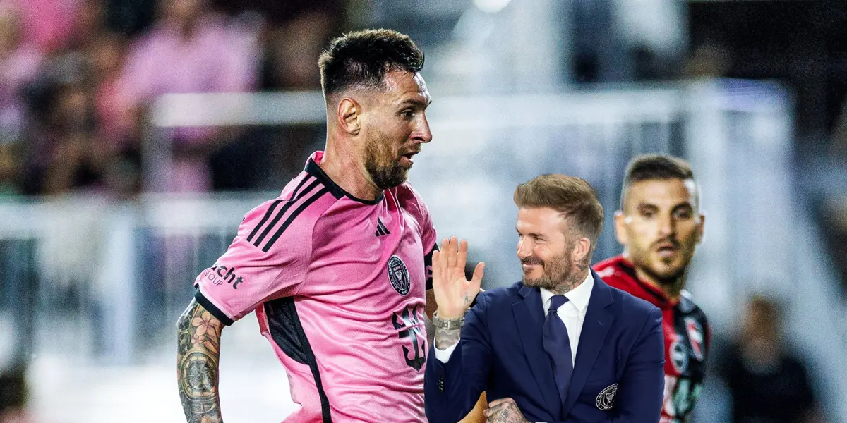 Lionel Messi is running with the ball with an Inter Miami jersey and David Beckham smiles and waves with a suit on. (Source: 433 X, The Independent)