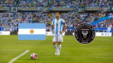 Lionel Messi looks up with his hands on his hips while he wears the Argentina jersey; the Inter Miami badge and the Argentina flag is next to him. (Source: Messi Xtra X)