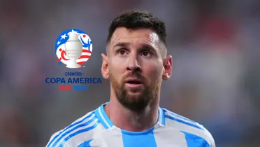 Lionel Messi looks up with worry on his face while the Copa America logo is next to him. (Source: CONMEBOL, Messi Xtra X)