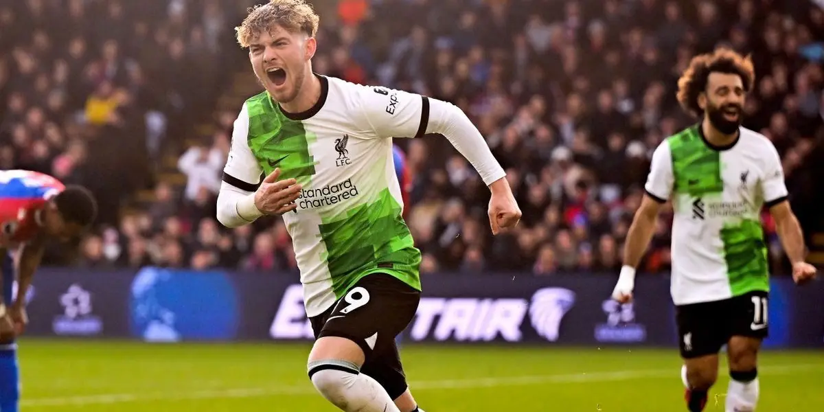 Liverpool's English midfielder Harvey Elliott celebrates after scoring his second goal during the Premier League football match.