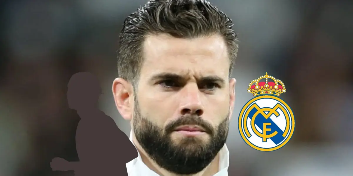 Nacho looks serious while wearing the Real Madrid jacket as a mystery player and the Real Madrid badge is next to him. (Source: Madrid Xtra X)